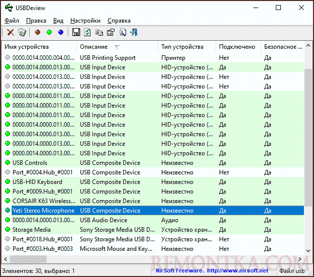 Список устройств в USBDeview