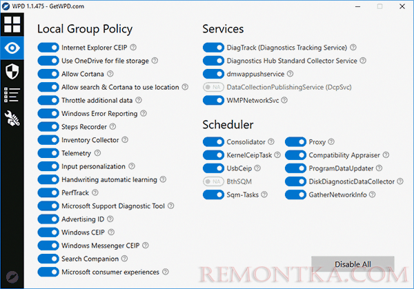 Отключение слежки Windows 10 в WPD