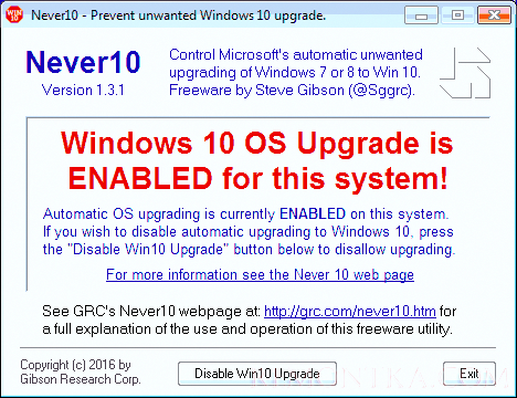 Обновление до Windows 10 включено