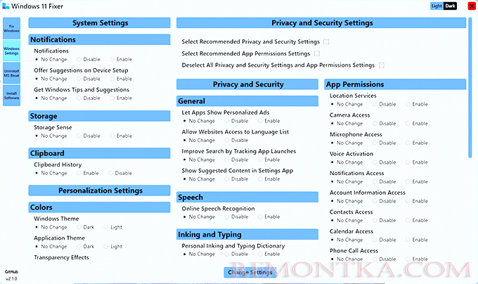 Настройки в Windows 11 Fixer