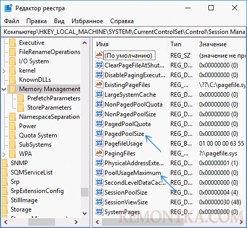 Управление памятью в реестре Windows