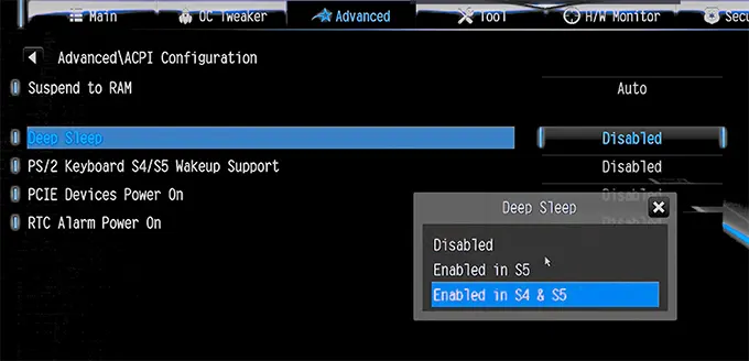 Включить Deep Sleep для S4 и S5 на AsRock
