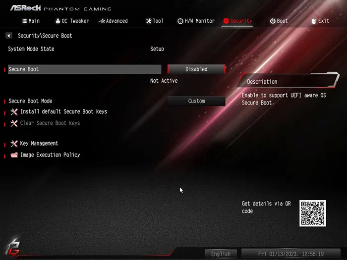 Настройки ключей безопасной загрузки AsRock
