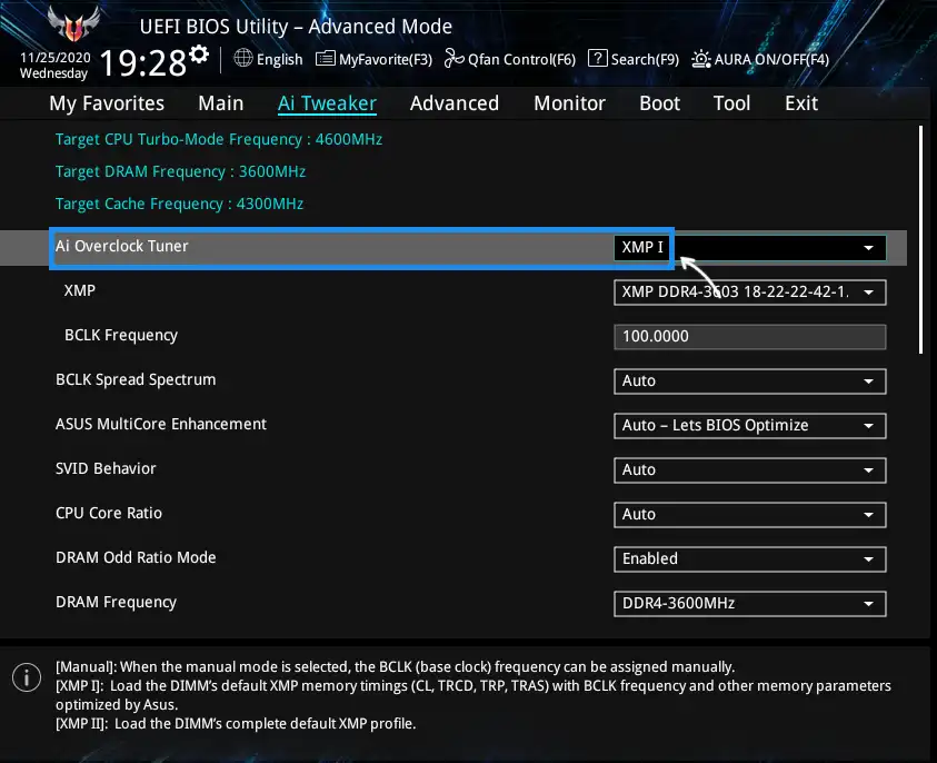 Включение XMP профиля в AI Tweaker на ASUS