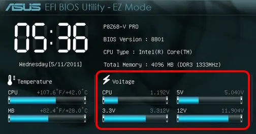 Информация о напряжении в БИОС ASUS