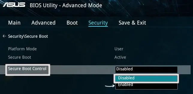 Включение безопасной загрузки на ноутбуке ASUS