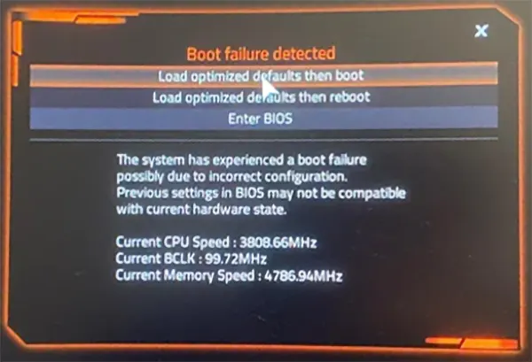 Сообщение об ошибке Boot failure detected на Gigabyte