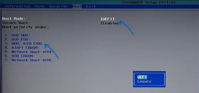 Изменение режима загрузки на UEFI или Legacy в БИОС