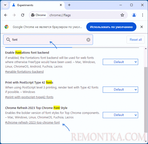 Переключатель вида шрифтов Chrome Refresh
