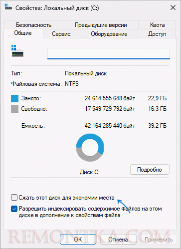 Сжать этот диск для экономии места в свойствах диска Windows