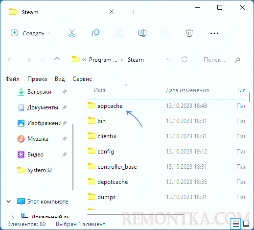 Удаление папки appcache в Steam