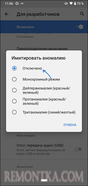Отключение монохромного режима в параметрах разработчика Android