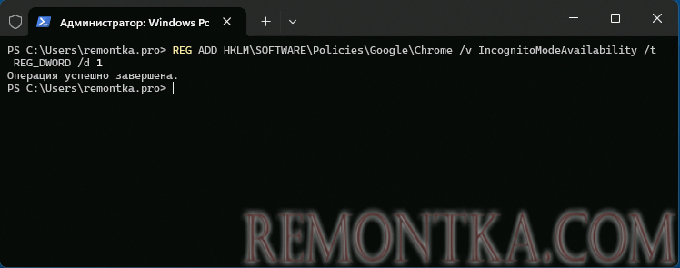 Команда отключения режима Инкогнито в Chrome