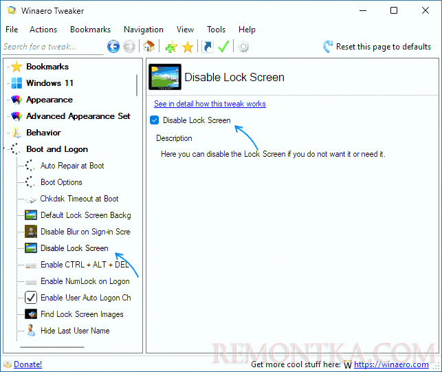 Отключение экрана блокировки в Winaero Tweaker