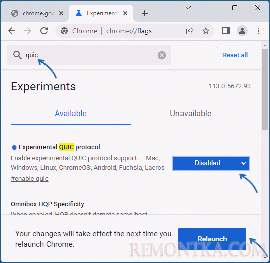 Отключение протокола QUIC в браузере