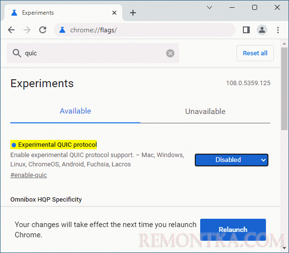 Отключение протокола QUIC в Chrome
