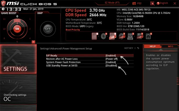 Отключить питание USB после выключения на MSI