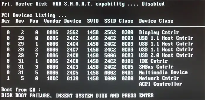 Ошибка Disk boot failure, insert system disk and press enter при загрузке