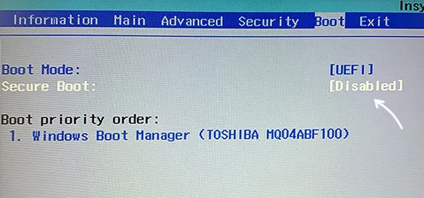 Безопасная загрузка на ноутбуке Acer