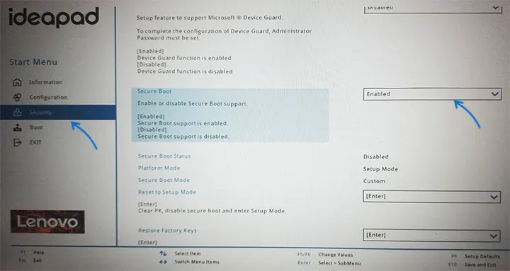 Включить безопасную загрузку на Lenovo
