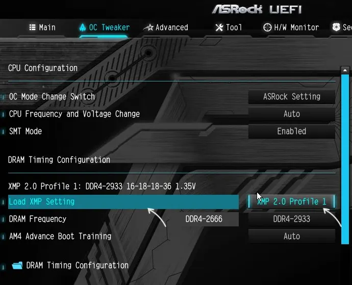 Включить XMP на материнской плате ASRock