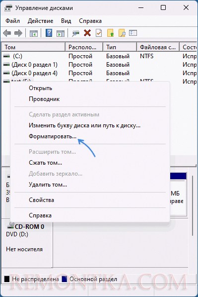Форматирование диска в управлении дисками