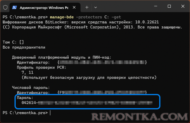 Получение ключа восстановления в командной строке