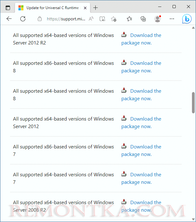 Загрузка обновления Universal C Runtime с сайта Майкрософт