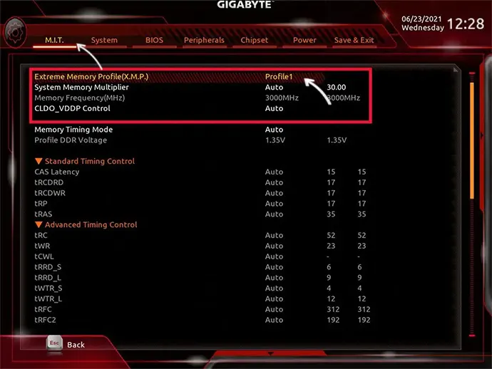 Второй способ включить XMP на Gigabyte