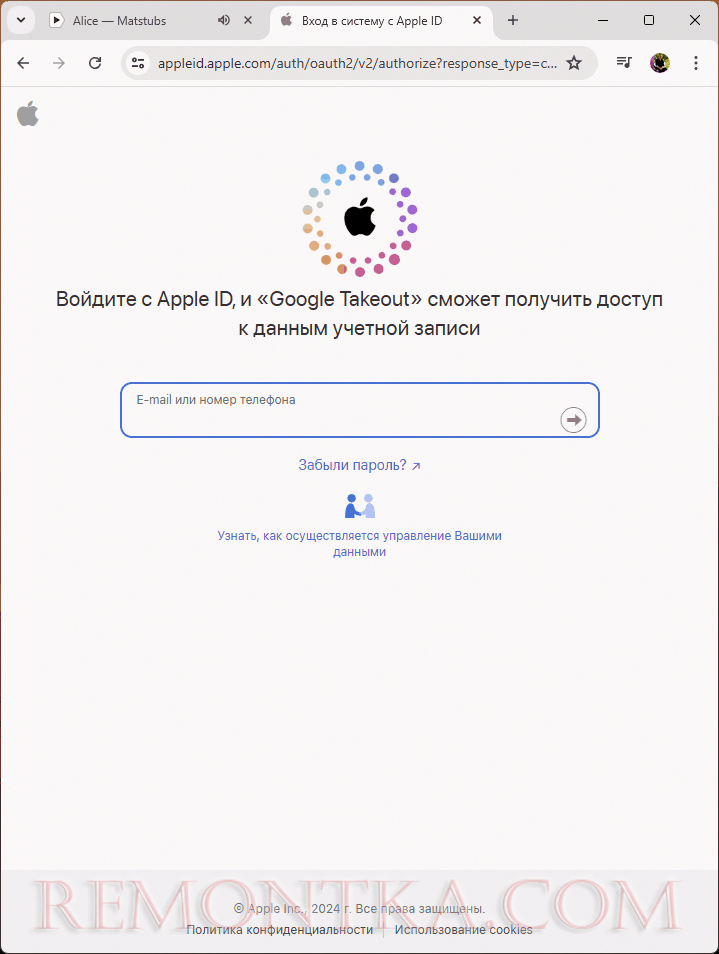 Вход в iCloud и разрешение для Google Takeout