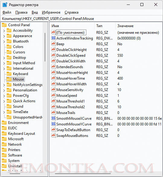 Параметры мыши в реестре Windows