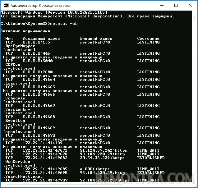 Открытые порты и процессы netstat -ab