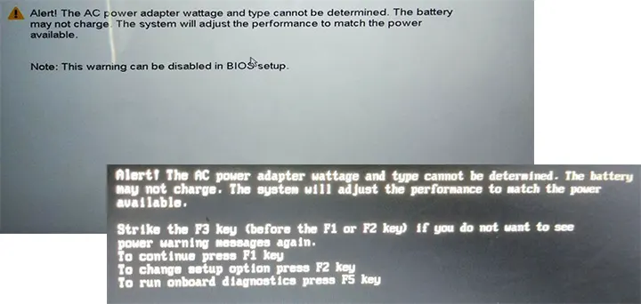 Сообщение Alert! The AC power adapter wattage and type cannot be determined
