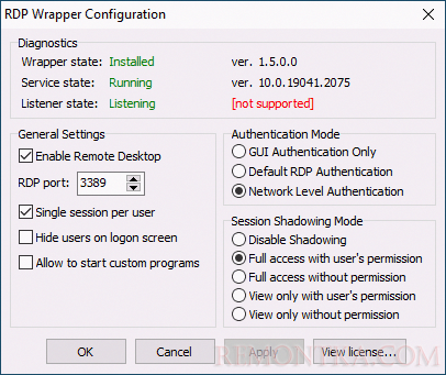 Настройки RDP Wrapper