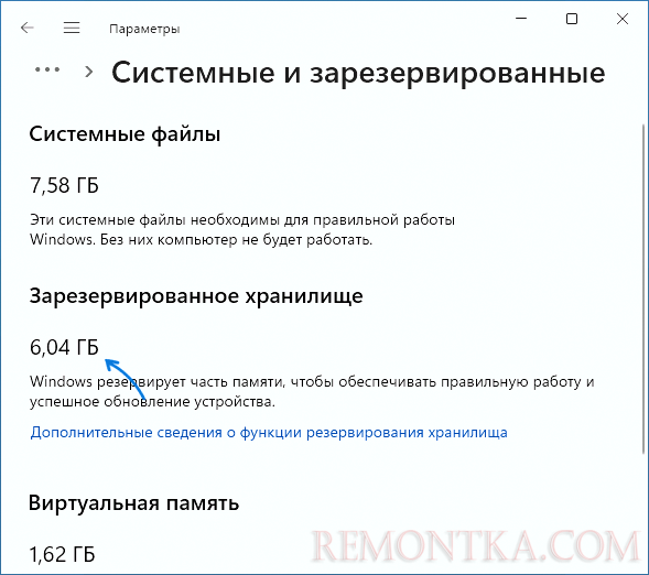 Объем занимаемый зарезервированным хранилищем