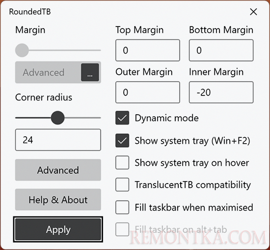 Дополнительные параметры отступов RoundedTB