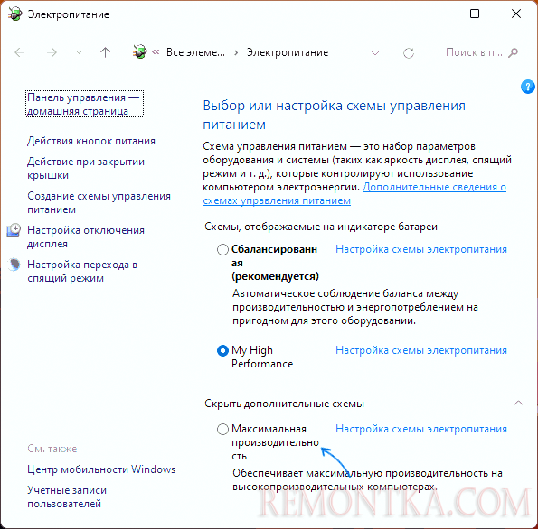 Включить схему электропитания максимальная производительность