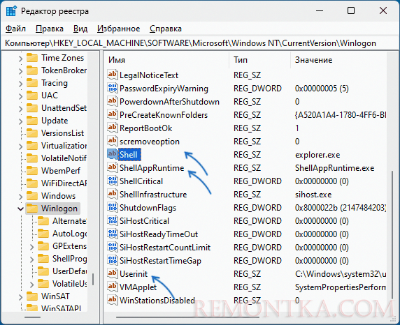 Параметры Shell и Userinit в реестре