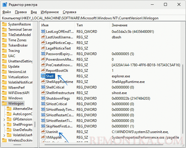 Параметры реестра Shell и userinit