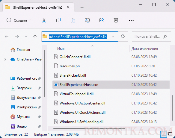 Папка с оригинальным ShellExperienceHost.exe