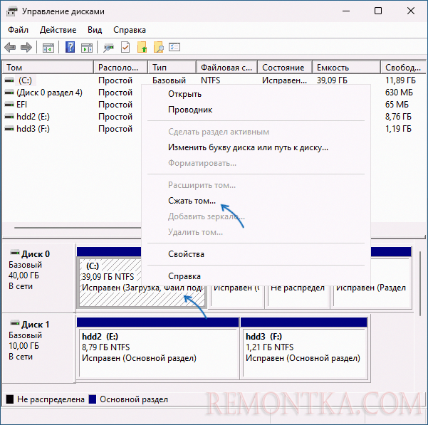 Сжать том в управлении дисками Windows