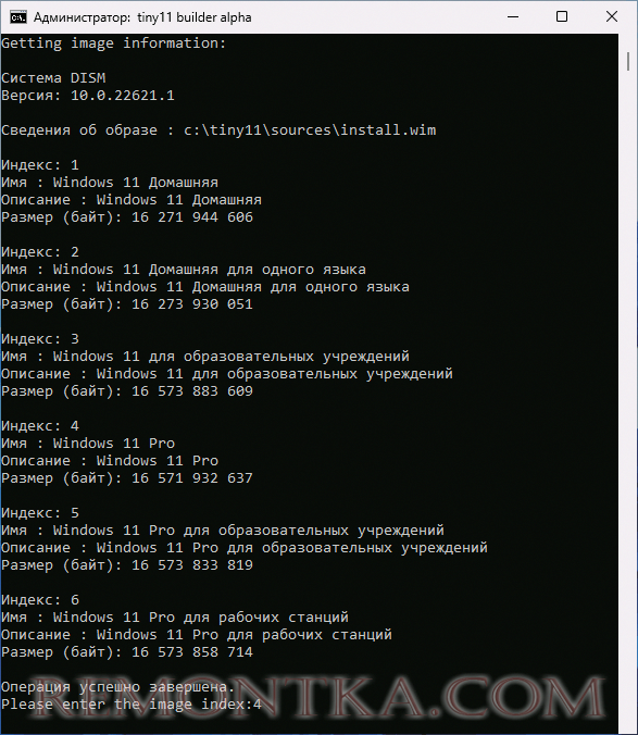Выбор выпуска Windows 11 в Tiny11 Builder