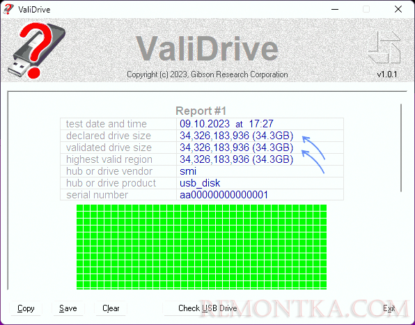 Результат проверки в ValiDrive