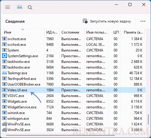 Процесс Video.UI.exe в диспетчере задач Windows