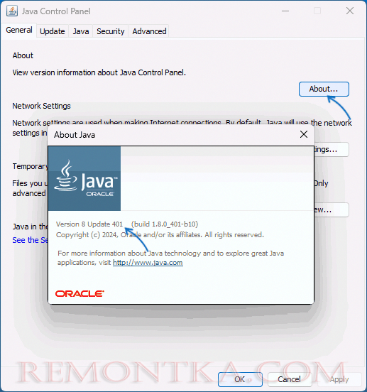 Версия Java в панели управления