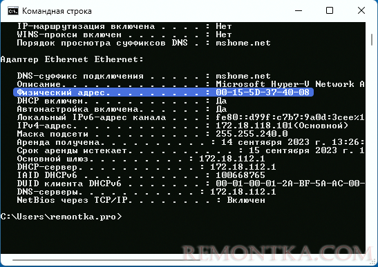 MAC адрес в командной строке