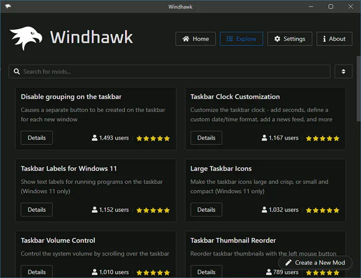 Доступные моды в Windhawk