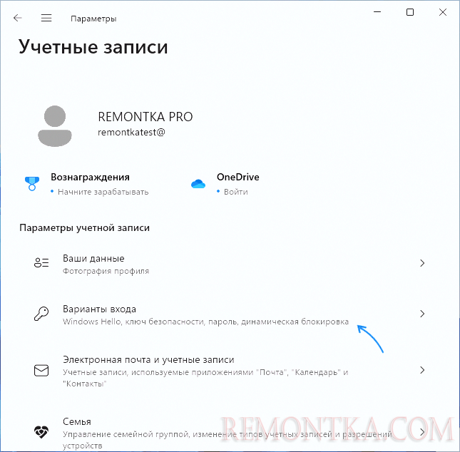 Варианты входа в параметрах Windows
