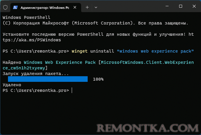 Удаление Web Experience Pack в Winget