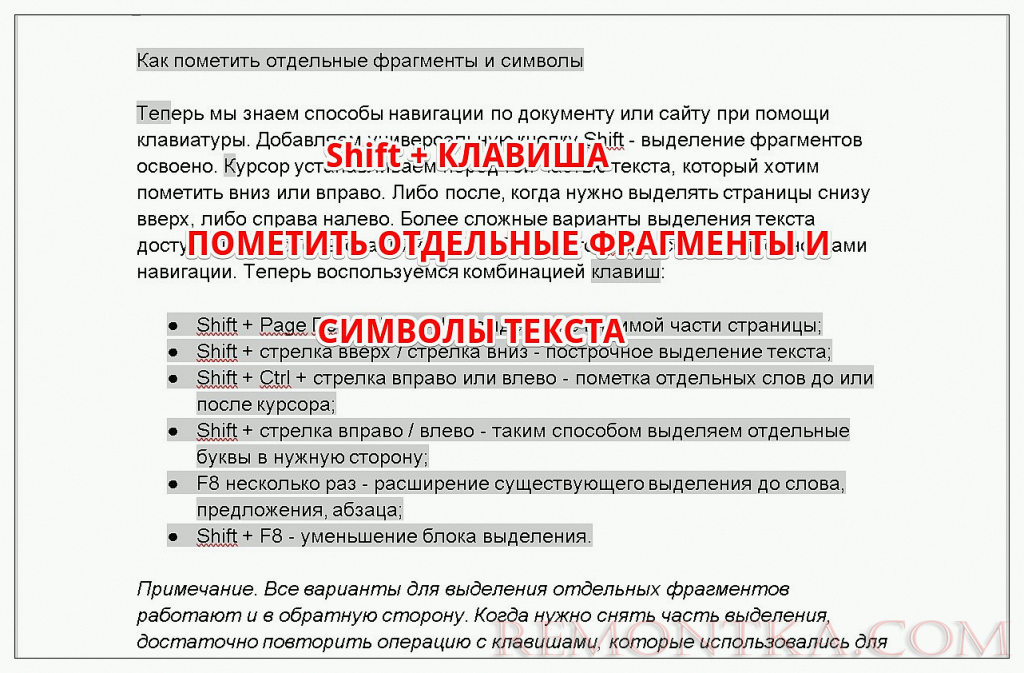 как выделить отдельные фрагменты текста при помощи клавиатуры